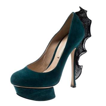 Pre Owned Nicholas Kirkwood Blue Suede Ruffle Trimmed Platform Pumps Size 36.5