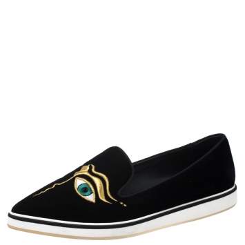 Pre Owned Nicholas Kirkwood Black Velvet Eye Motif Iris Loafers Size 38