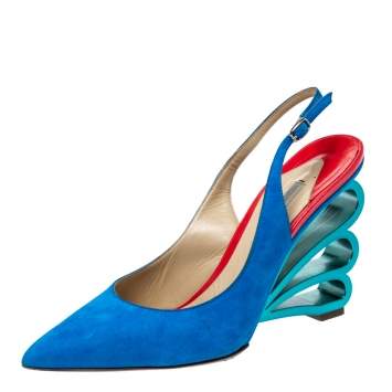 Pre Owned Nicholas Kirkwood Blue Suede 'Wave Heel' Pointed Toe Slingback Sandals Size 38