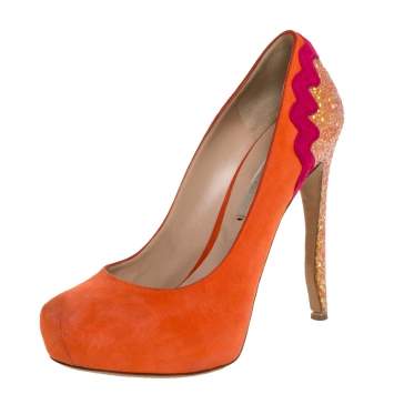 Pre Owned Nicholas Kirkwood Orange Suede And Coarse Glitter Heel Platform Pumps Size 38