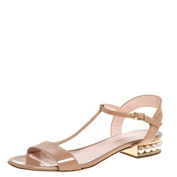 Pre Owned Nicholas Kirkwood Beige Patent Leather Casati Faux Pearl Embellished T Strap Sandals Size 38