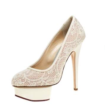 Pre Owned Nicholas Kirkwood Cream Lace And Mesh Platform Pumps Size 35.5