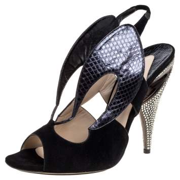 Pre Owned Nicholas Kirkwood Black Suede And Python Embossed Leather Cutout Slingback Sandals Size 39.5