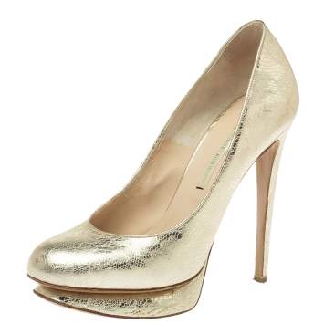 Pre Owned Nicholas Kirkwood Metallic Gold Floral Textured Leather Round Toe Platform Pumps Size 36.5 