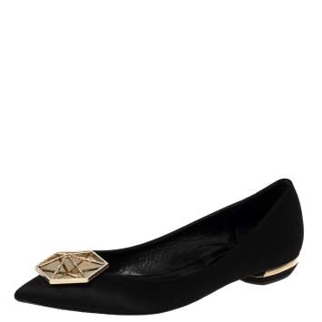 Pre Owned Nicholas Kirkwood Black Satin Eden Crystal Embellished Pointed Toe Flats Size 40 