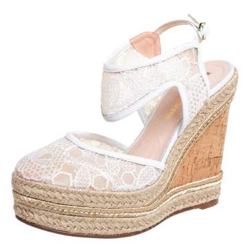 Pre Owned Nicholas Kirkwood White Lace Wedge Platform Ankle Strap Espadrilles Size 35.5