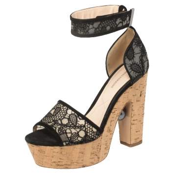 Pre Owned Nicholas Kirkwood Black Lace Maya Pearl Platform Ankle Strap Sandals Size 39.5