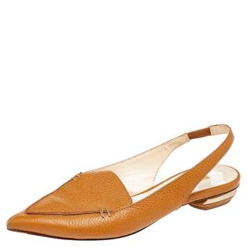 Pre Owned Nicholas Kirkwood Brown Leather Beya Slingback Flats Size 36.5