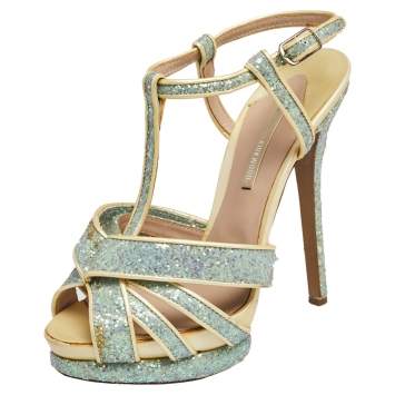 Pre Owned Nicholas Kirkwood Blue/Cream Patent Leather and Glitter T Strap Platform Sandals Size 37.5