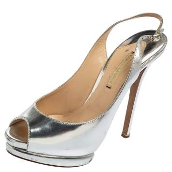 Pre Owned Nicholas Kirkwood Silver Glossy Leather Peep Toe Slingback Sandals Size 38