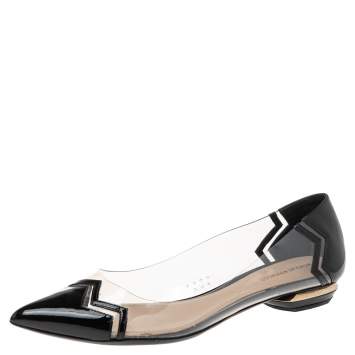 Pre Owned Nicholas Kirkwood Black Patent Leather & PVC Chevron Pointed Toe Ballet Flats 38