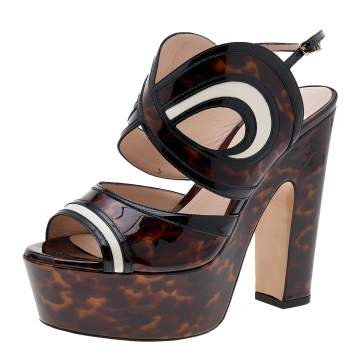Pre Owned Nicholas Kirkwood Brown Marble Print Patent Leather Platform Block Heel Sandals Size 36.5  