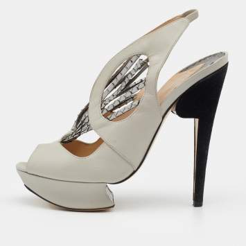 Pre Owned Nicholas Kirkwood Grey/Silver Python and Leather Platform Slingback Sandals Size 37.5