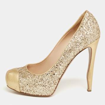 Pre Owned Nicholas Kirkwood Gold Glitter and Leather Cap-Toe Pumps Size 38.5