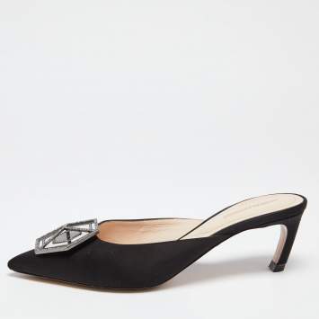 Pre Owned Nicholas Kirkwood Black Satin Eden Crystals Embellished Mule Sandals Size 38.5