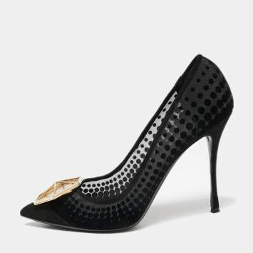 Pre Owned Nicholas Kirkwood Black Suede and Mesh Hexagon Embellished Buckle Pumps Size 39