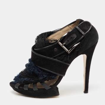 Pre Owned Nicholas Kirkwood Black/Blue Suede And Fabric Criss Cross Platform Sandals Size 39.5