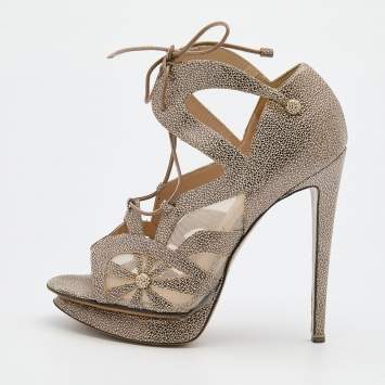 Nicholas Kirkwood Brown/Beige Leather and Mesh Lace Up Platform Sandals Size 37