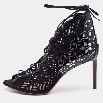 Pre Owned Nicholas Kirkwood Black/Silver Laser Suede and Patent Leather Lace Up Booties Size 40.5