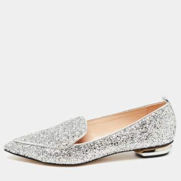Pre Owned Nicholas Kirkwood Silver Leather and Glitter Beya Loafers Size 40.5