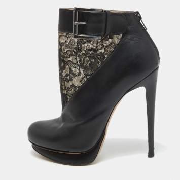 Pre Owned Nicholas Kirkwood Black Lace and Leather Ankle Booties Size 37