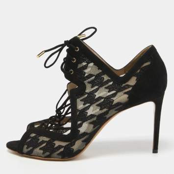 Pre Owned Nicholas Kirkwood Black Lace and Suede Peep Toe Lace Up Sandals Size 40.5