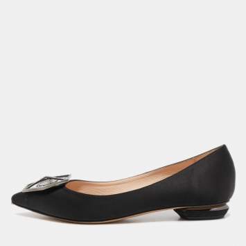 Pre Owned Nicholas Kirkwood Black Satin Embellished Ballet Flats Size 37.5