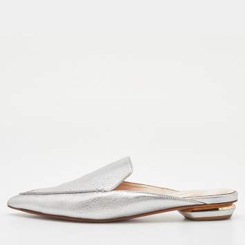 Pre Owned Nicholas Kirkwood Silver Leather Pointed Toe Beya Flat Mules Size 39.5
