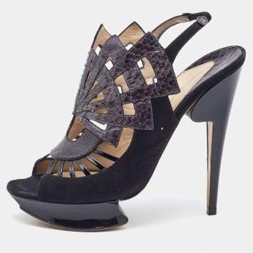 Pre Owned Nicholas Kirkwood Black Watersnake Leather and Suede Slingback Sandals Size 39