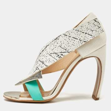 Pre Owned Nicholas Kirkwood Tricolor Printed Leather and Mesh Open Toe Sandals Size 38.5