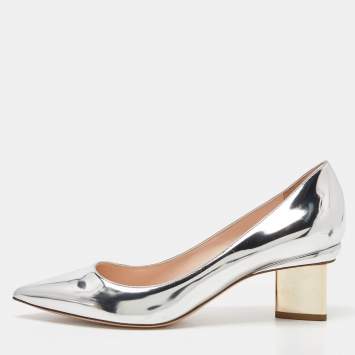 Pre Owned Nicholas Kirkwood Silver Laminated Leather Pointed Toe Block Heel Pumps Size 39.5