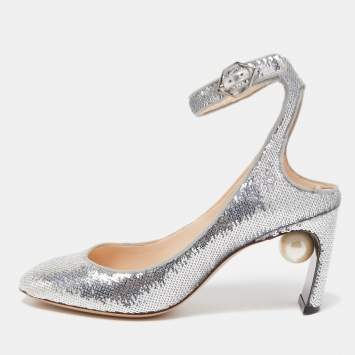 Pre Owned Nicholas Kirkwood Silver Sequin Lola Pearl Ankle Strap Pumps Size 36.5