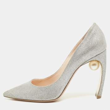 Pre Owned Nicholas Kirkwood Silver Glitter Lace Pearl Embellished Pointed Toe Pumps Size 40