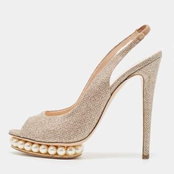 Pre Owned Nicholas Kirkwood Metallic Lurex Fabric Pearl Embellished Platform Slingback Sandals Size 40