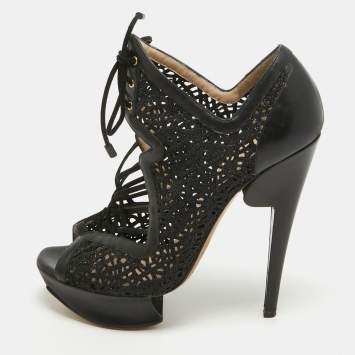 Pre Owned Nicholas Kirkwood Black Mesh and Leather Cutout Lace Up Booties Size 36    