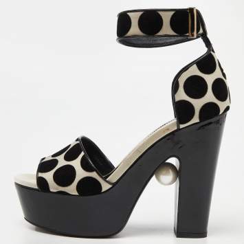 Pre Owned Nicholas Kirkwood White/Black Polka Dot Velvet Platform Pearl Block Heel Ankle Strap Sandals Size 39.5
