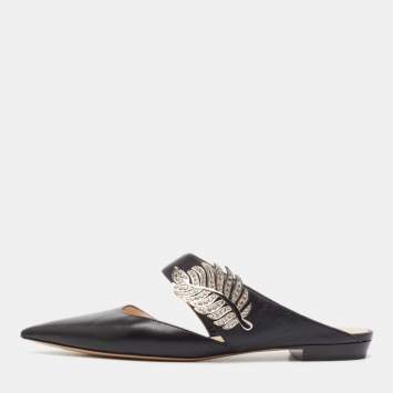 Pre Owned Nicholas Kirkwood Black Leather Crystal Embellished Flat Mules Size 40