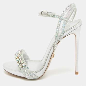 Pre Owned Le Silla Sliver Leather Crystal Embellished Ankle Strap Sandals Size 36