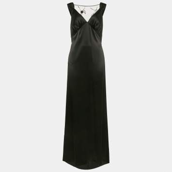 Pre Owned Nicole Bakti Black Satin Embroidery Detail Sleeveless Maxi Dress M