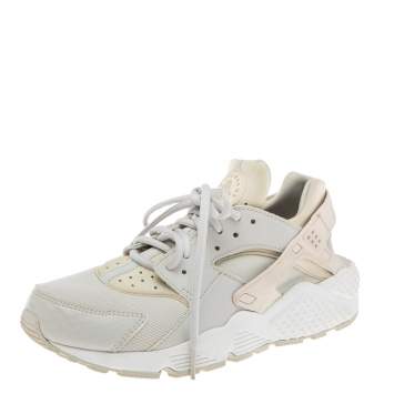 Pre Owned Nike Air Grey/Beige Fabric And Python Embossed Leather Huarache Sneakers Size 39
