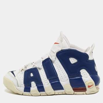 Pre Owned Nike Air White/Blue Leather More Uptempo Knicks Sneakers Size 38