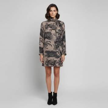 Pre Owned niLuu Grey/Navy Blue Jovi Print Jacquard Grace Pussy-Bow Mini Dress M