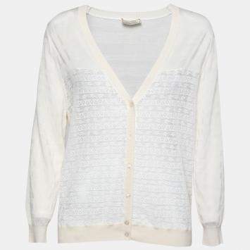 Nina Ricci Cream Striped Knit and Lace Cardigan XL