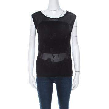 Pre Owned Nina Ricci Black Floral Embroidered Knit Sleeveless Top S 