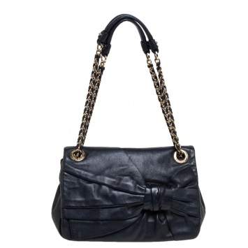 Pre Owned Nina Ricci Navy Blue Pleated Leather Bow Shoulder Bag