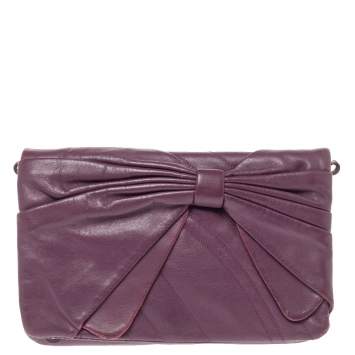 Pre Owned Nina Ricci Purple Leather Pleated Bow Flap Shoulder Bag