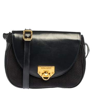Pre Owned Nina Ricci Dark Blue Woven Suede and Leather Flap Shoulder Bag