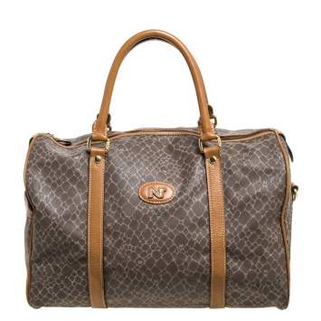 Pre Owned Nina Ricci Brown/Taupe Printed Coated Canvas and Leather Duffel Bag