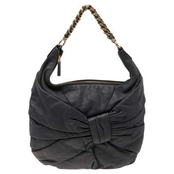 Pre Owned Nina Ricci Dark Grey Pleated Leather Chain Hobo 