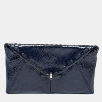 Pre Owned Nina Ricci Navy Blue Crinkle Patent Leather Bow Envelope Flap Clutch